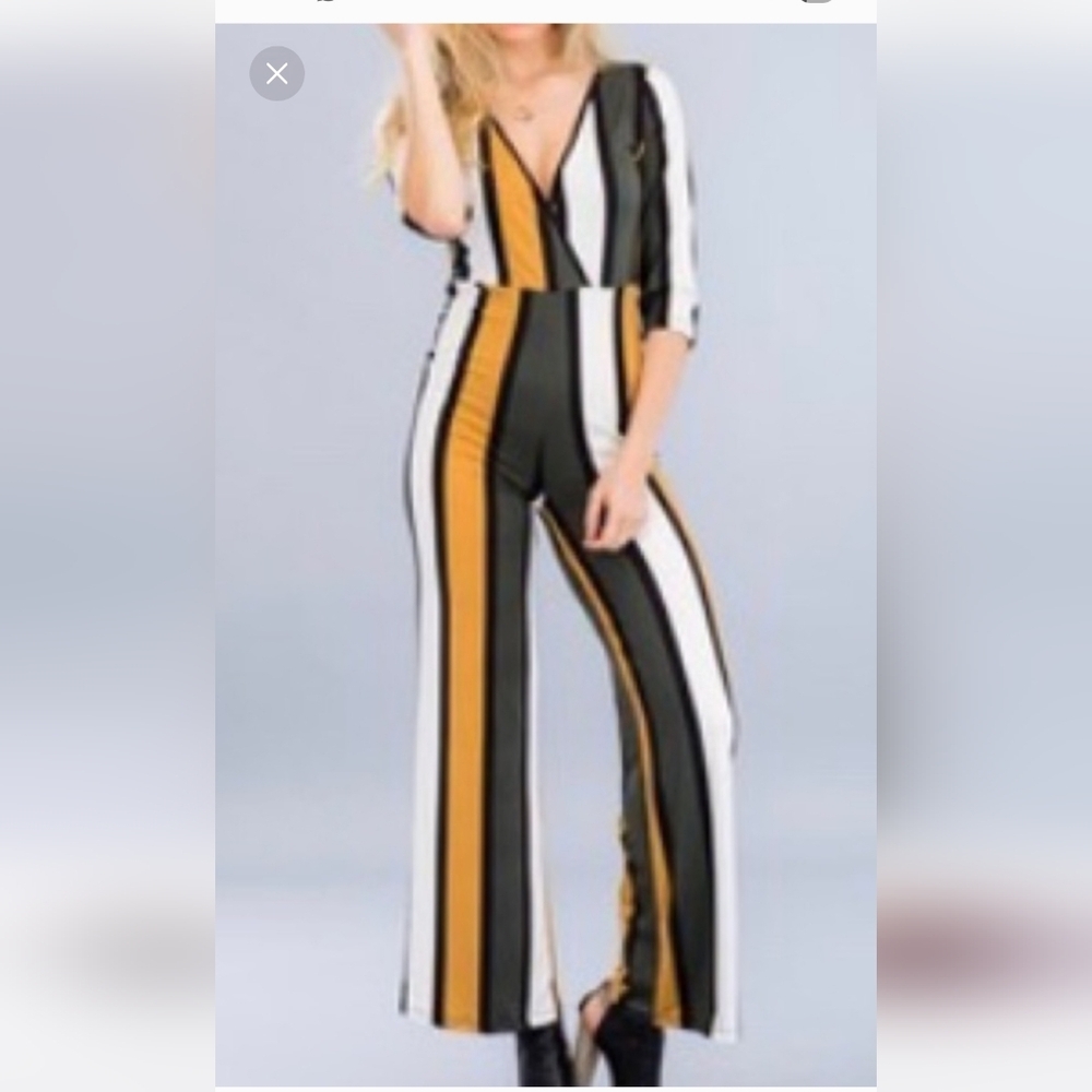 Striped V-Neck Wide-Leg Jumpsuit in Black, White & Mustard